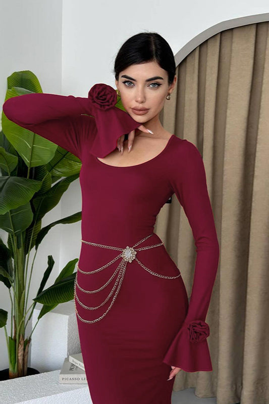 Damenpartykleid Mit Rosenverzierung Langarm Rundhals