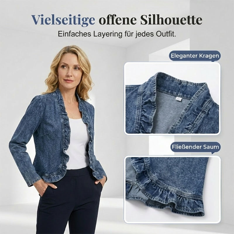 Damen-Jeansjacke mit Rüschensaum und offenem Verschluss