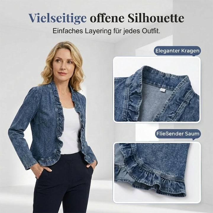 Damen-Jeansjacke mit Rüschensaum und offenem Verschluss