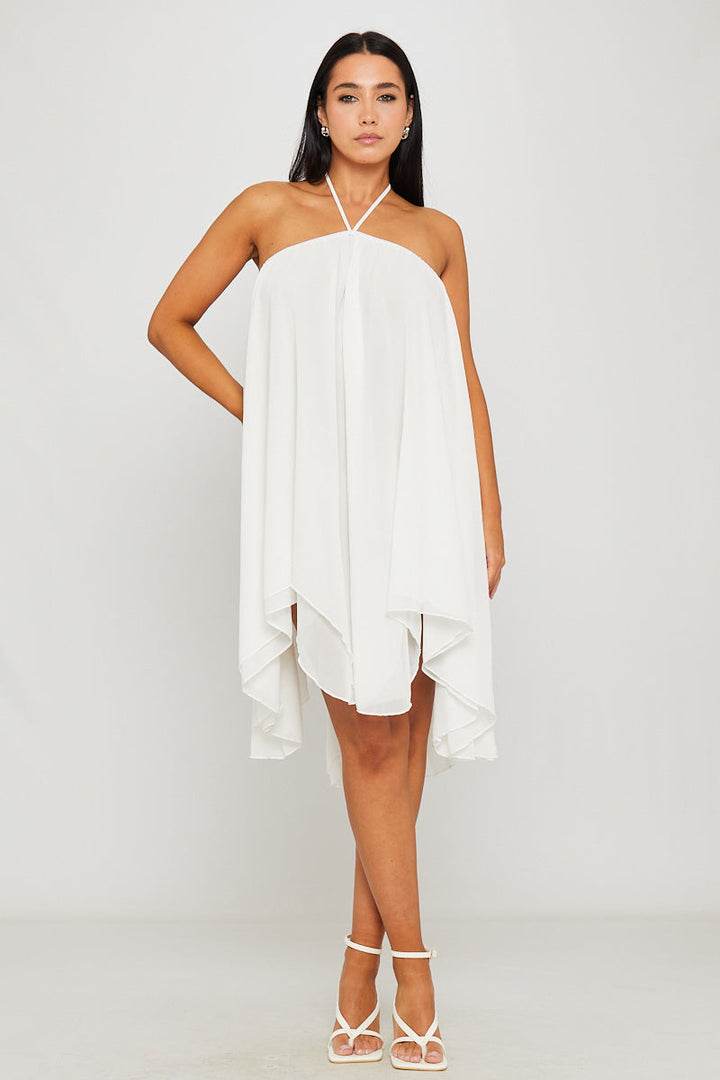 Weißes Chiffon-Minikleid mit Neckholder und asymmetrischem Schnitt