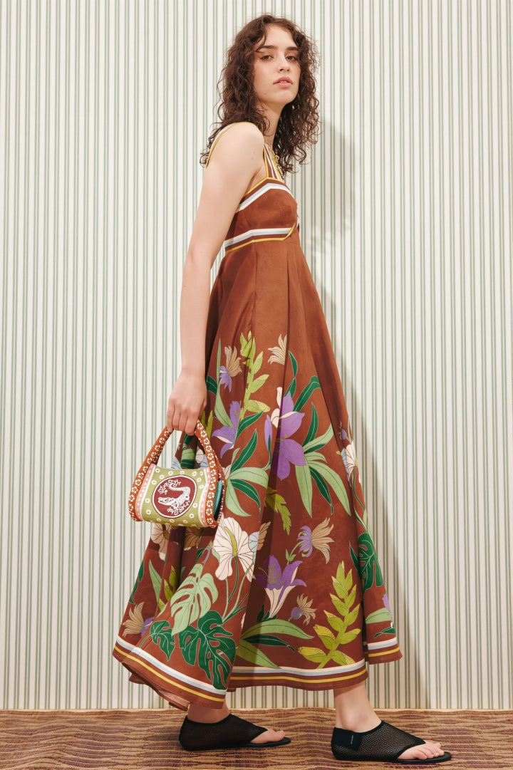 Langes Boho-Kleid für Damen mit floralem Muster und Streifendetails