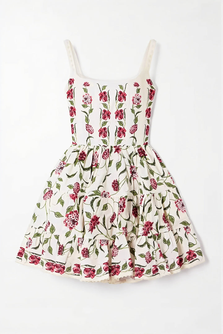 Kurzes Damenkleid im Boho-Stil mit Blumenmuster und feinen Spitzendetails