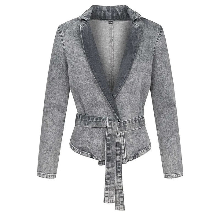 Legere Jeansjacke mit Gürtel, Stehkragen und langen Ärmeln