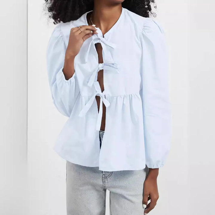Damen-Bluse mit Schnürung, Rüschensaum und lockerem Sitz