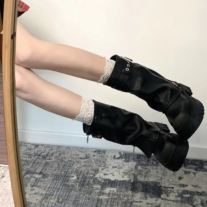 Damen Plateau-Biker-Stiefeletten mit Schnallen