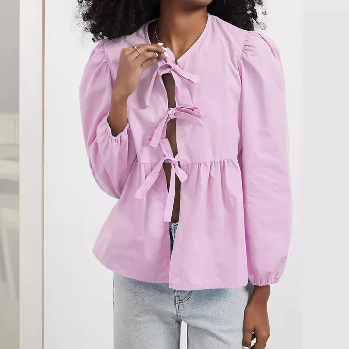 Damen-Bluse mit Schnürung, Rüschensaum und lockerem Sitz