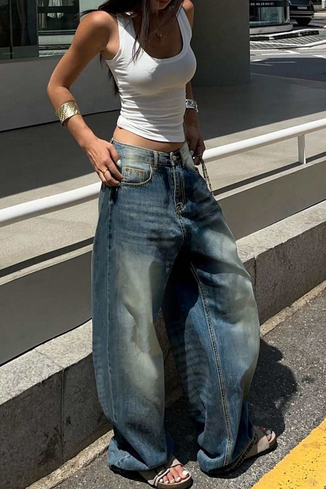 Damen Denimjeans in Vintage-Blau mit lockerem geradem Bein