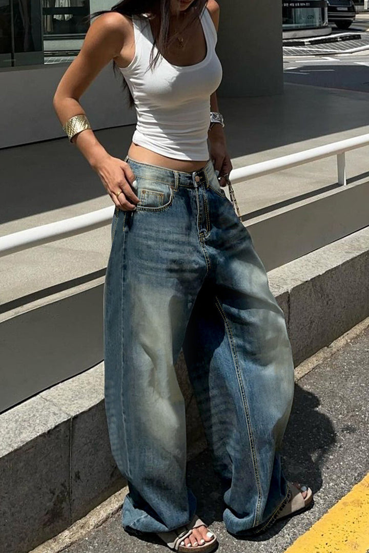 Damen Denimjeans in Vintage-Blau mit lockerem geradem Bein
