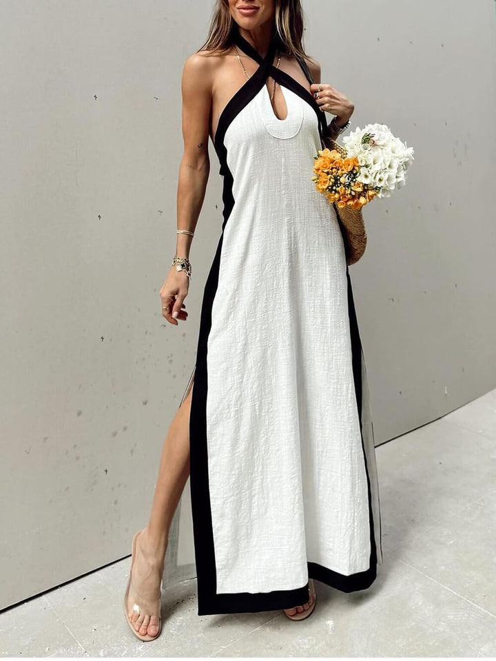 Maxikleid mit Neckholder, Farbblock und Schlitz