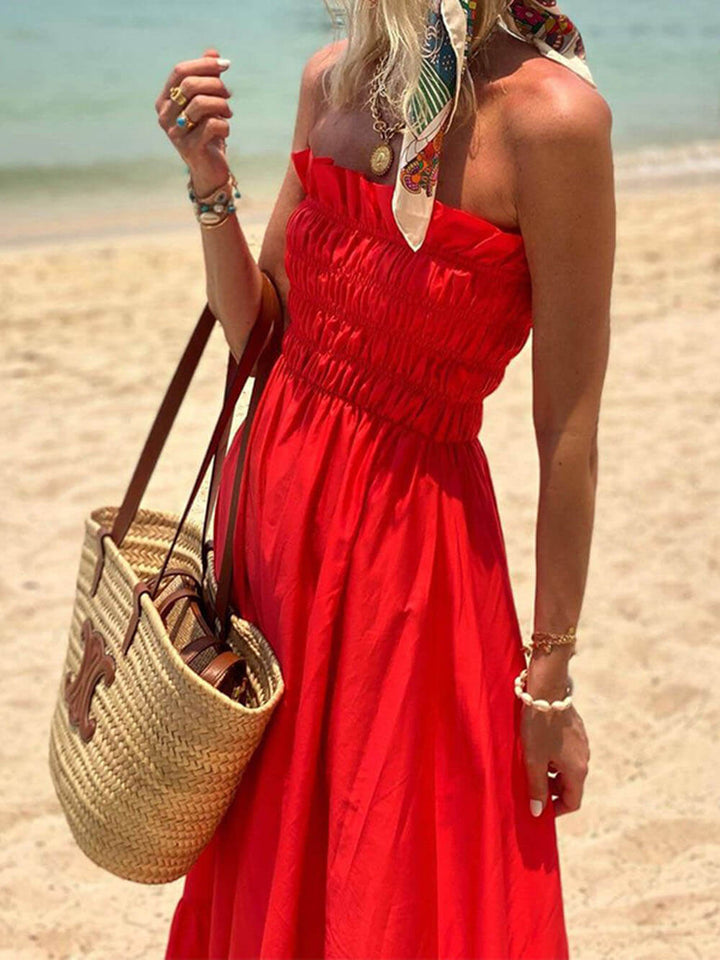 Maxikleid mit schulterfreiem, gerafftem Brustbereich für den Urlaub