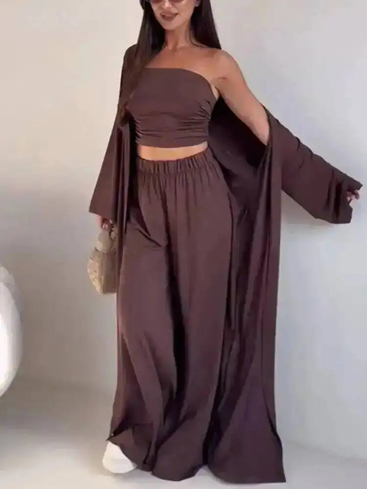 Damen Lässiges Trägerloses Top Langstrickjacke Weite Hosen Set