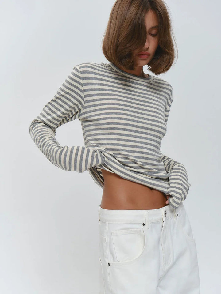 Damen Baumwolle Langarmshirt mit Streifenmuster