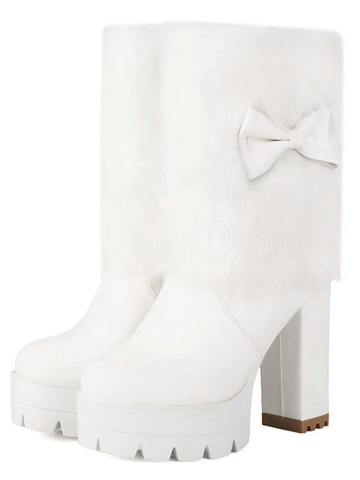 Plüschstiefel mit klobigem Absatz und Vintage-Schleifen-Akzent