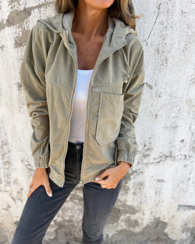 Lässige leichte Cord-Jacke mit Kapuze für Damen