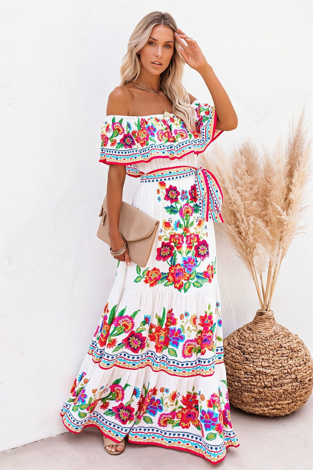 Langes Boho-Maxikleid für Damen mit floralem Print und schulterfreiem Ausschnitt