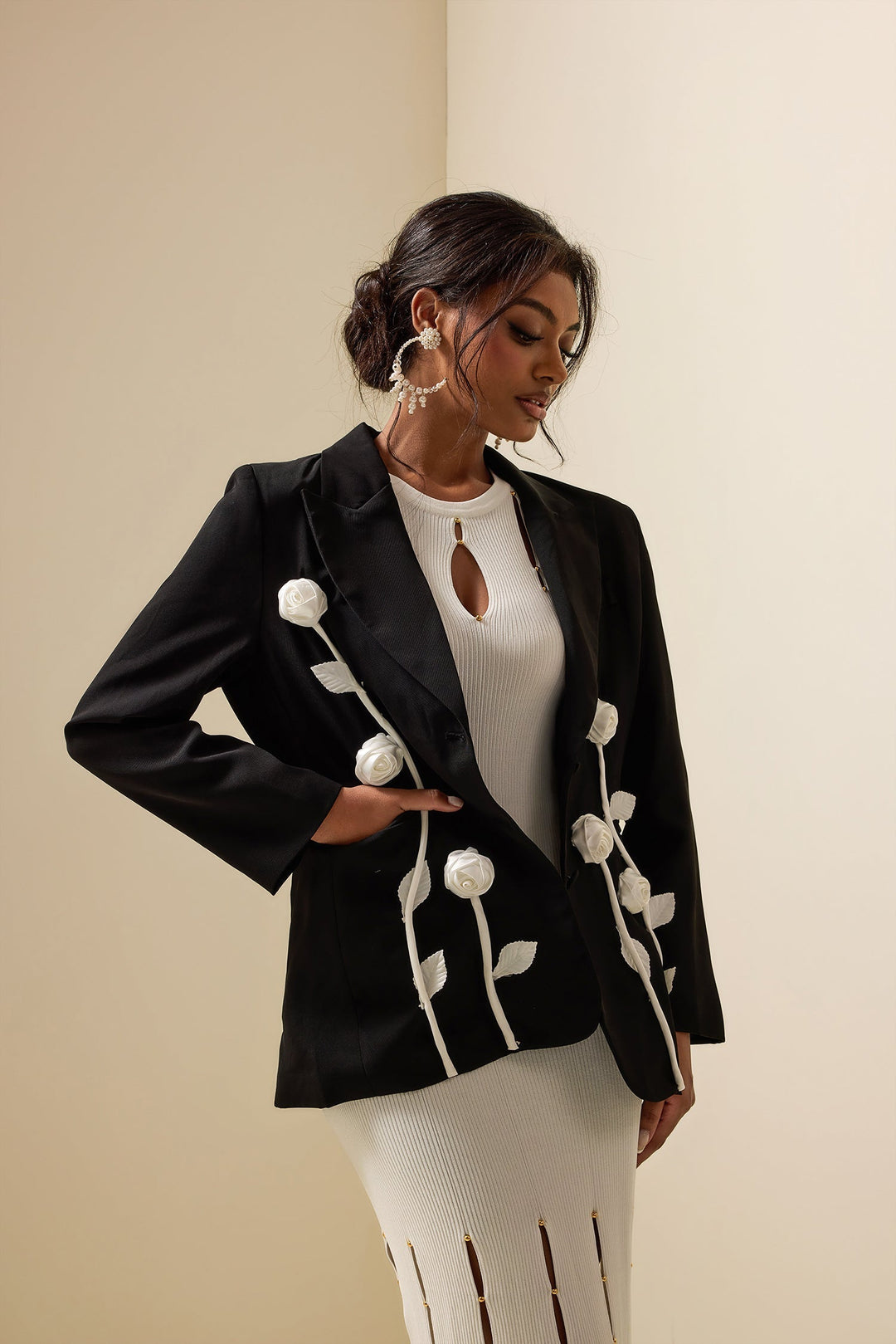 Floral Kontrast Langarm Blazer Jacke