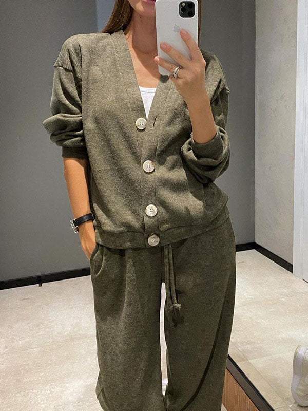 Gemütliches lässiges V-Ausschnitt Pullover- und Hose-Set