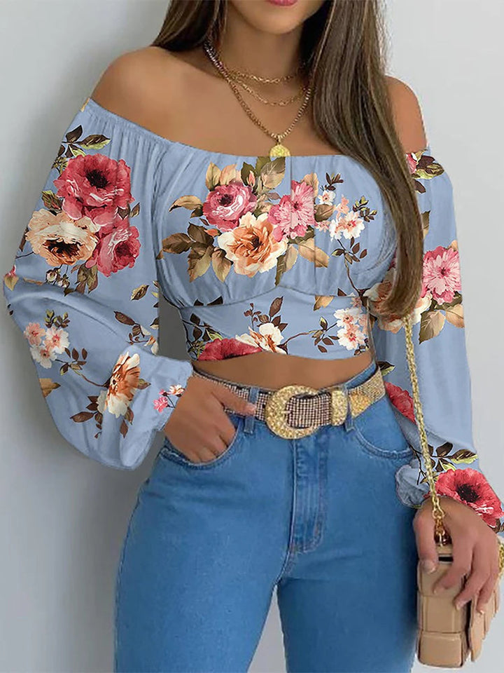Damen Schulterfreie Kurzbluse mit leichten Ballonärmeln