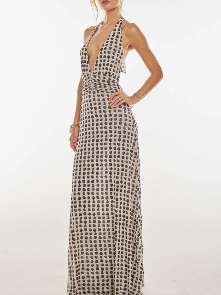 Maxikleid mit Blumenmuster, Neckholder und tiefem V-Ausschnitt