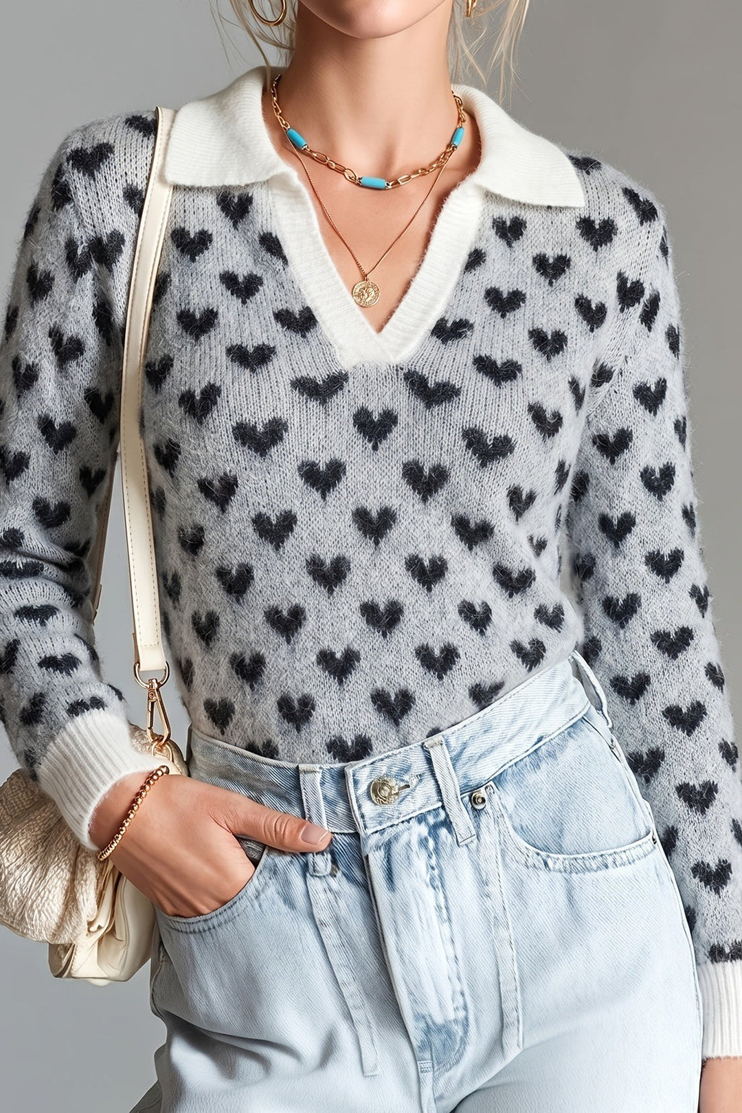 Jacquard-Pullover für Damen als stilvoller Freizeitlook mit Herzmuster