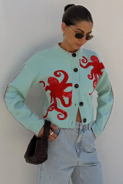 Gemütlicher Strandstrick-Cardigan mit nautischem Oktopus-Design