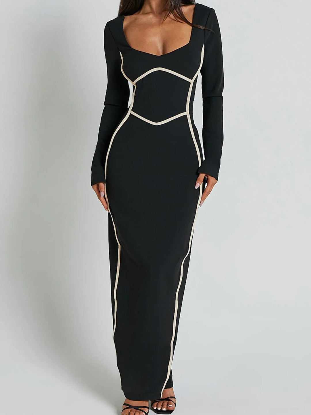 Maxikleid mit Kontrastbesatz, langärmlig und figurbetont