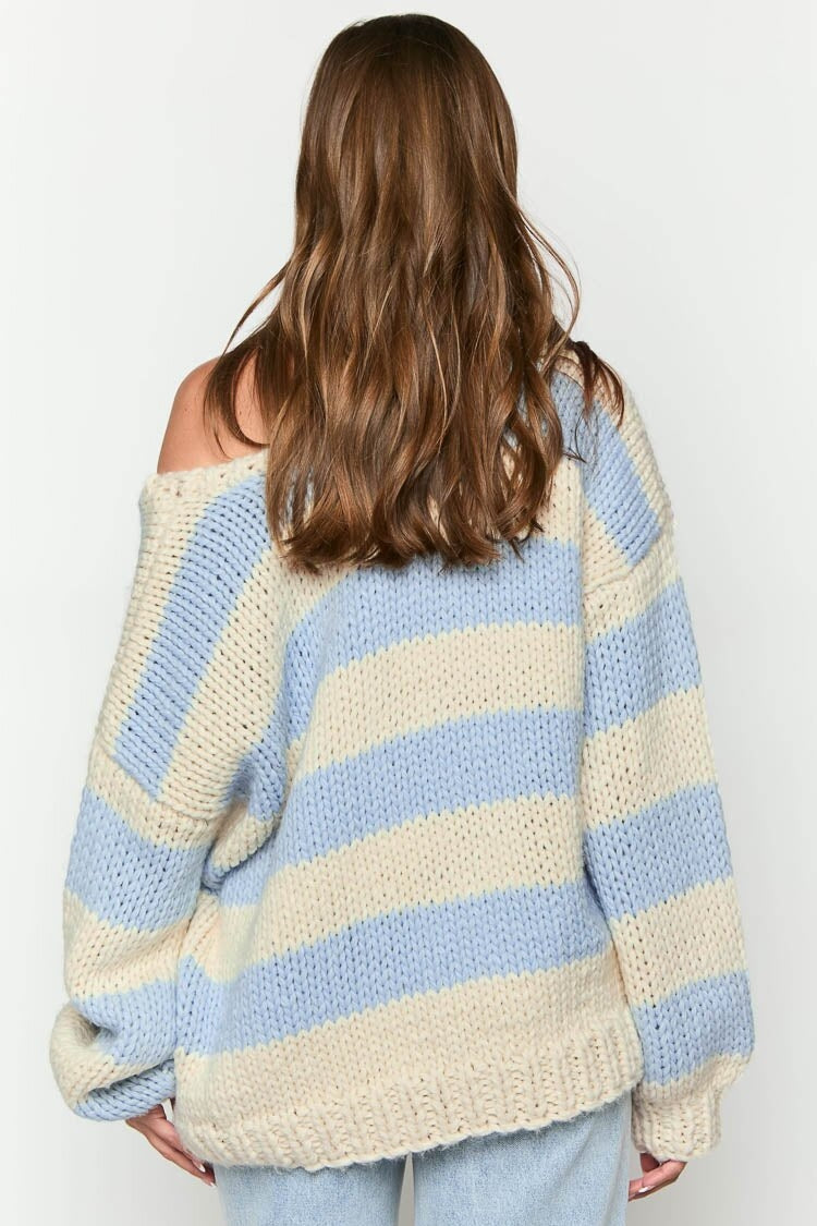 Gemütlicher Schulterfreier Gestreifter Strickpullover für Herbstlagen