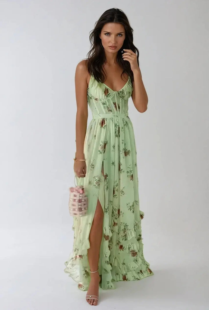 Maxikleid mit Spaghettiträgern und gerafftem Saum