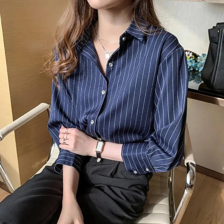 Damen Lockeres Langarmshirt mit Streifen Blau Weiß