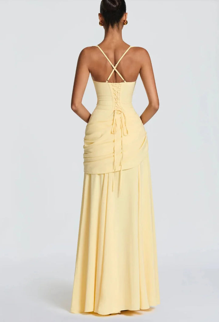 Gelbes gerafftes Drapiertes Maxikleid