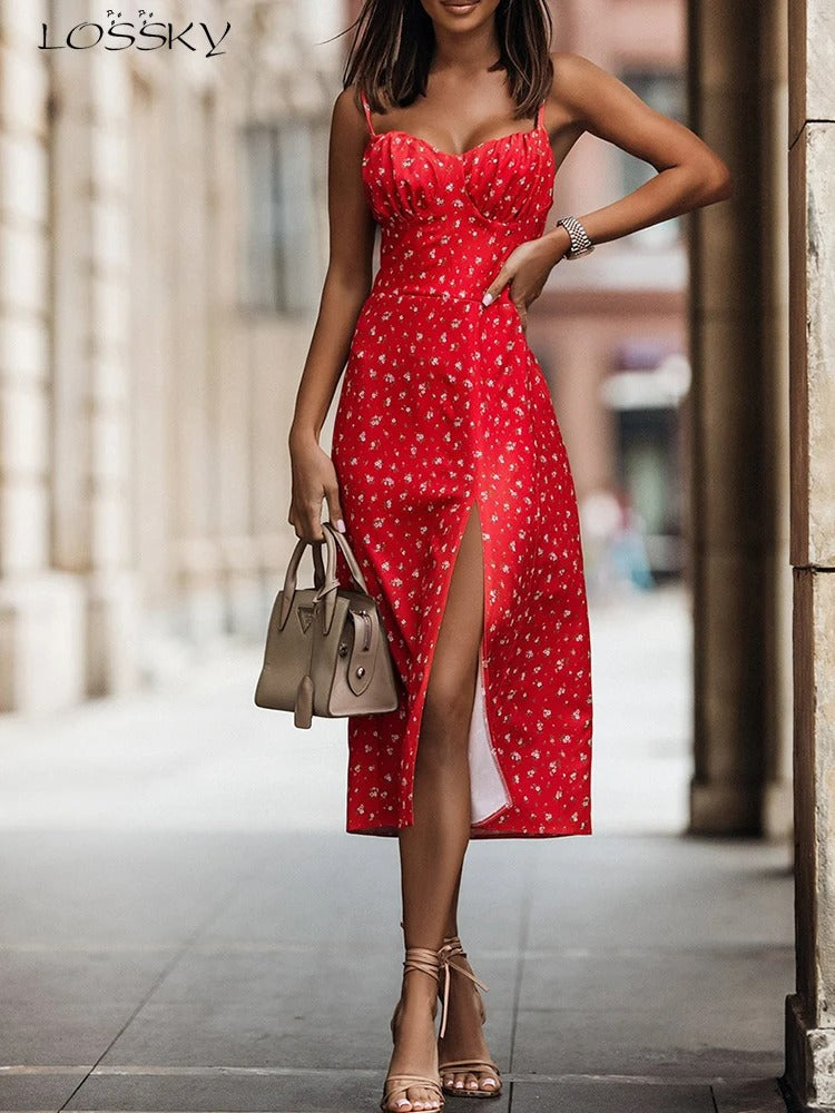 Kalentha® | Rotes Trägerkleid mit Schlitz und Blumenprint
