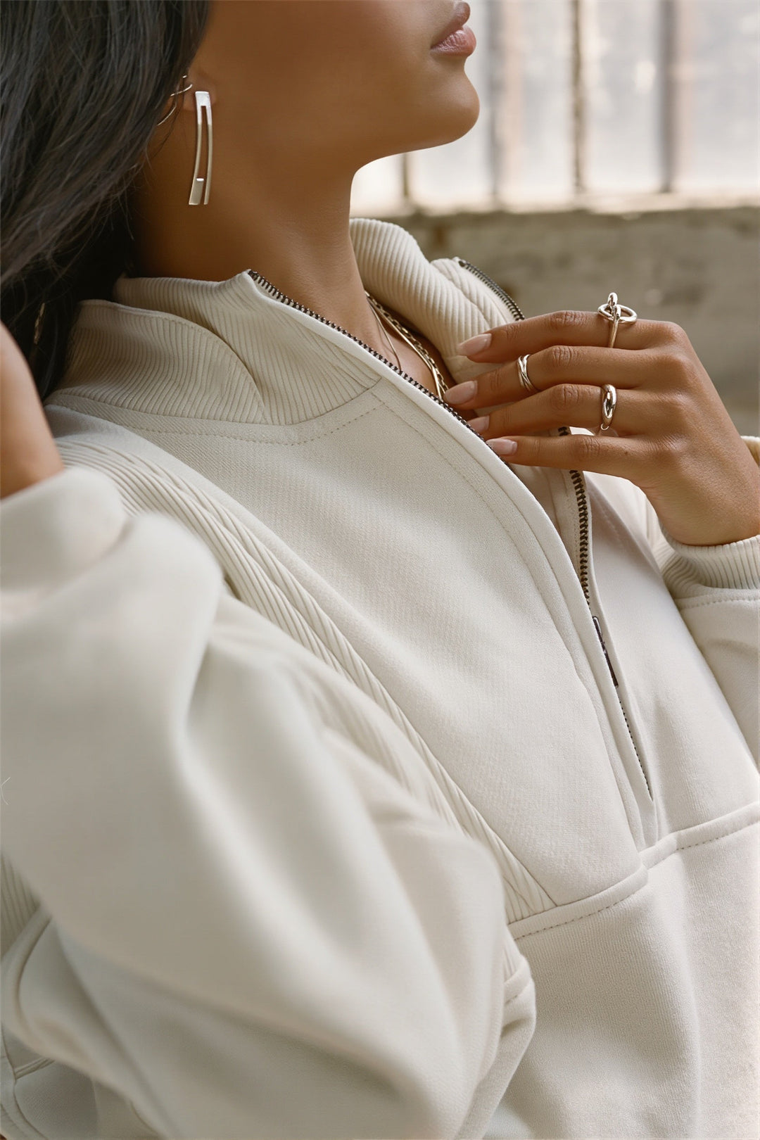 Longline-Sweatshirt für Damen mit halbem Reißverschluss am Ausschnitt