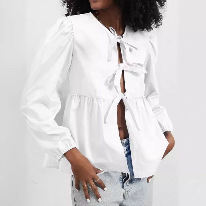 Damen-Bluse mit Schnürung, Rüschensaum und lockerem Sitz