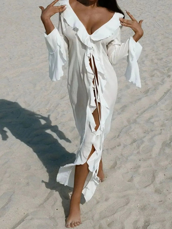 Gerüschtes Strandkleid mit langen Ärmeln
