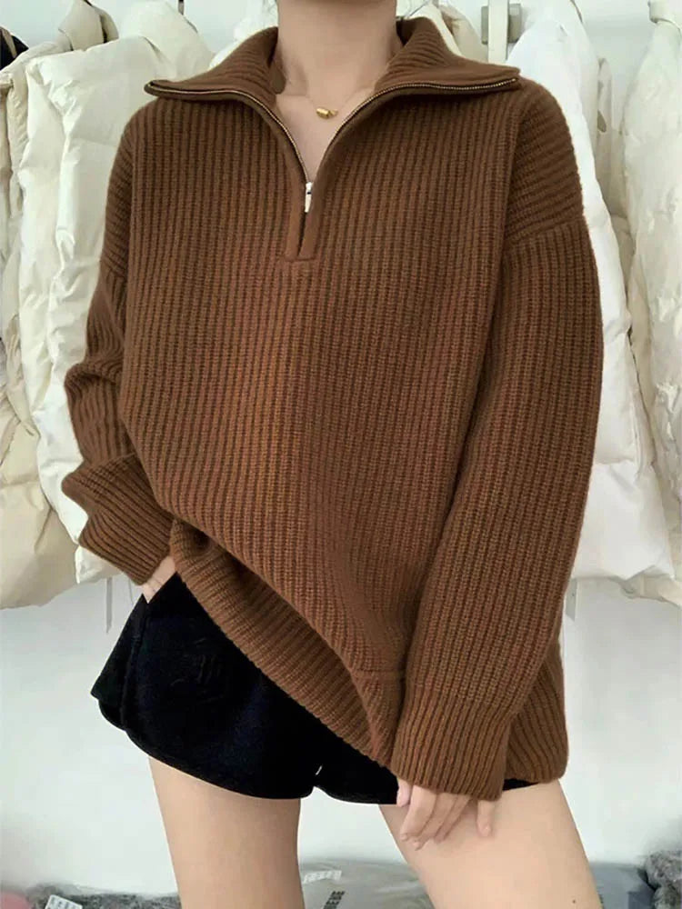 Gemütlicher dicker Strickpullover mit Reißverschluss-Kragen für lässige Wärme
