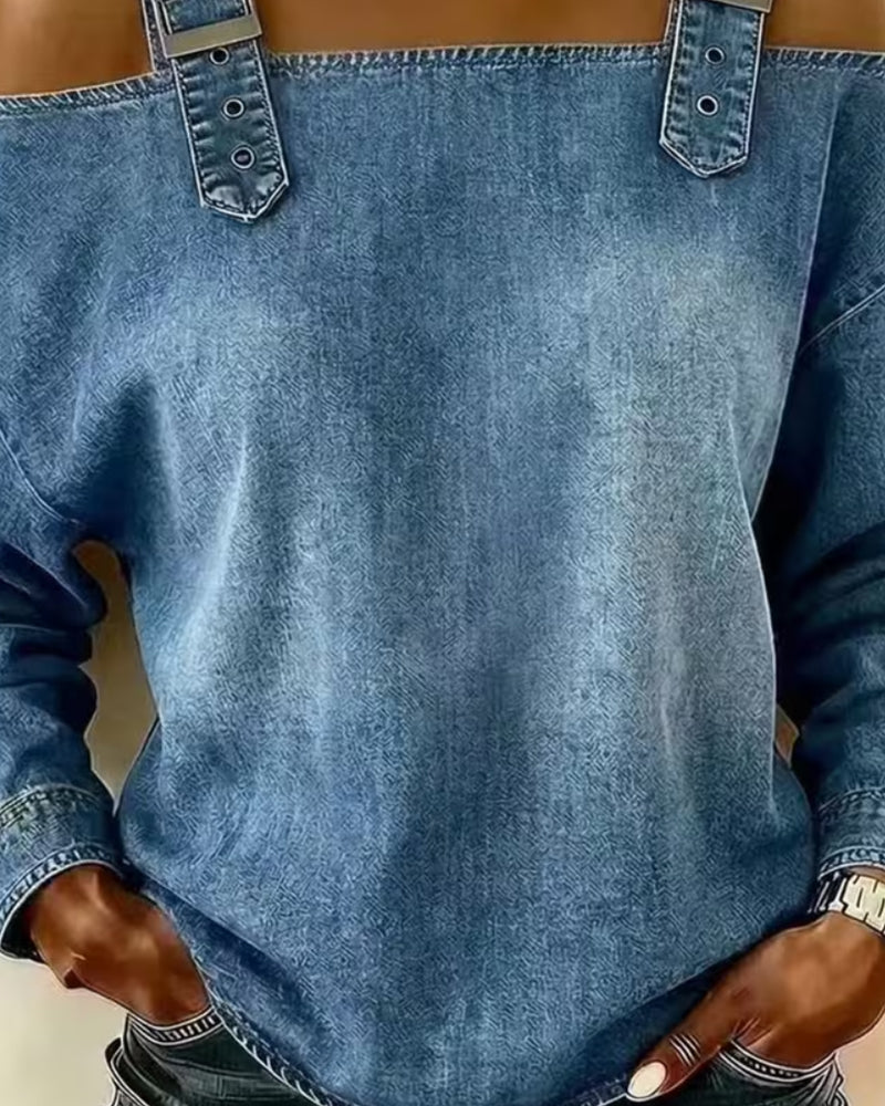 Rückansicht der Damenbluse mit offenen Schultern im Jeanslook