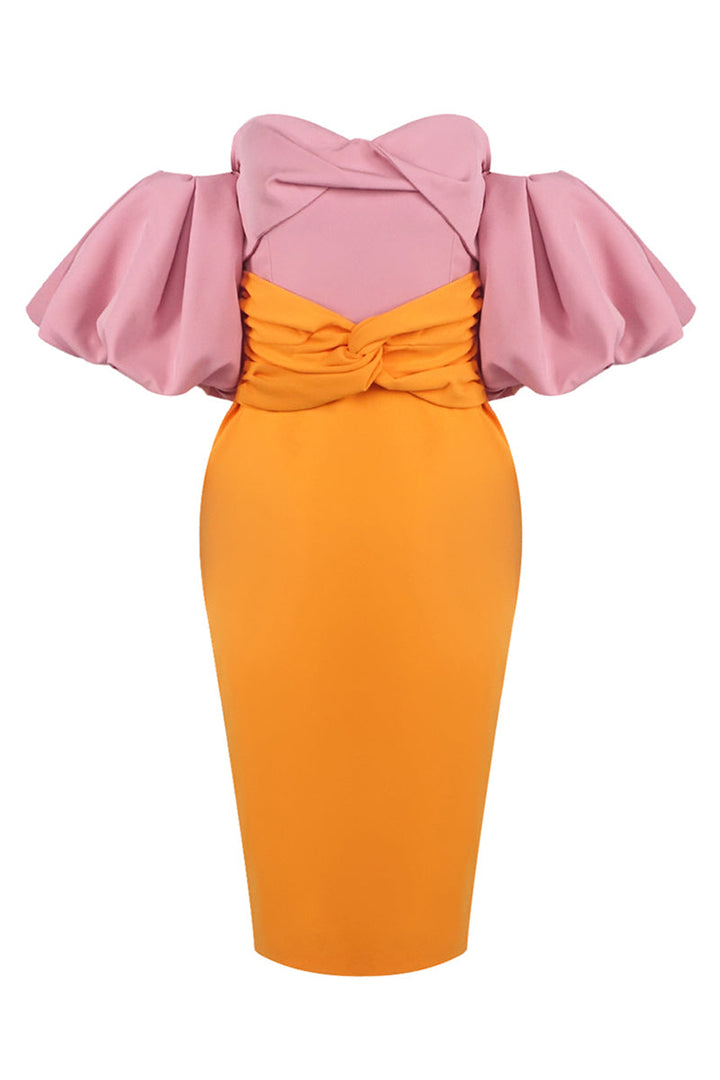 Midikleid mit Farbblock und Puffärmeln