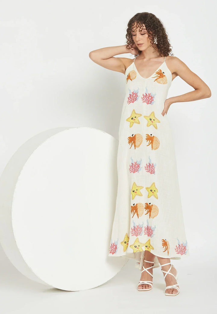 Fließendes Damen Maxikleid mit Meeresstickerei in sommerlichem Design