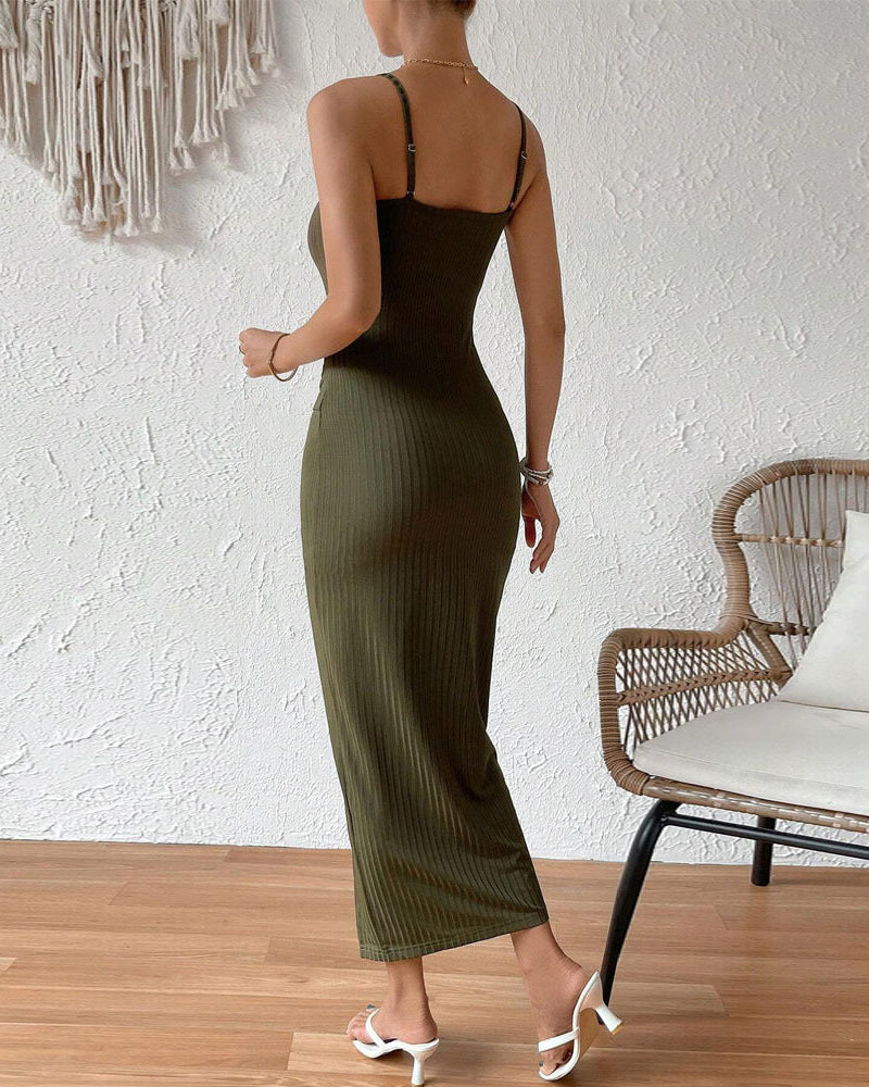 Geripptes Strick-Midi-Bodycon-Kleid mit hohem Schlitz für Damen