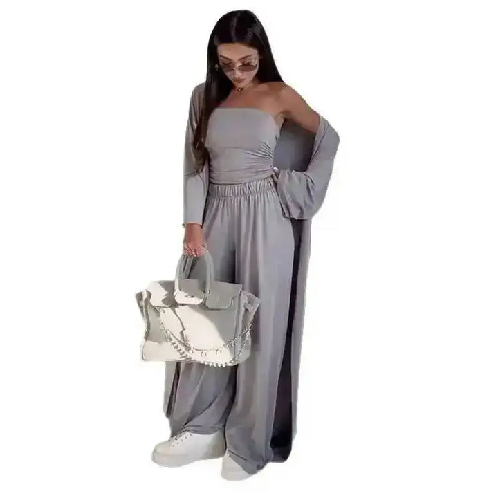 Damen Lässiges Trägerloses Top Langstrickjacke Weite Hosen Set