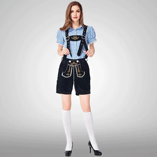 Damen Samt bestickte kurze Latzhosen mit kariertem Hemd