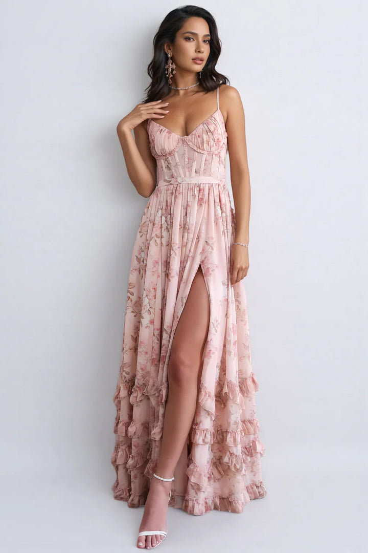 Maxikleid mit Spaghettiträgern und gerafftem Saum