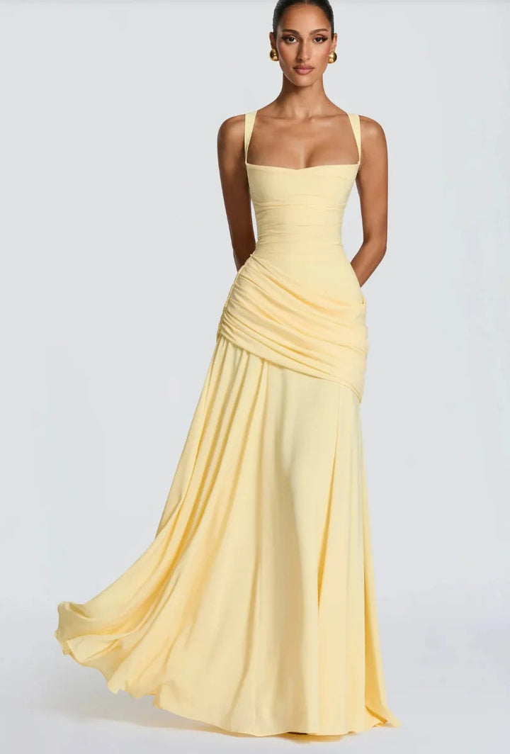 Gelbes gerafftes Drapiertes Maxikleid