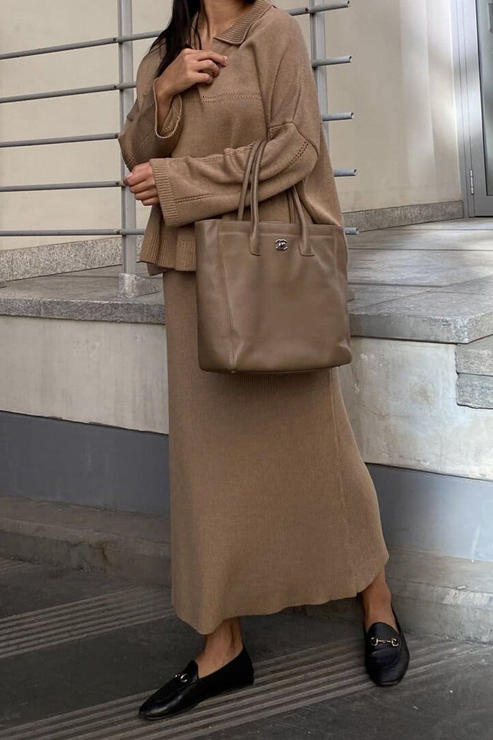 Modischer Look mit V-Ausschnitt-Pullover und Midirock