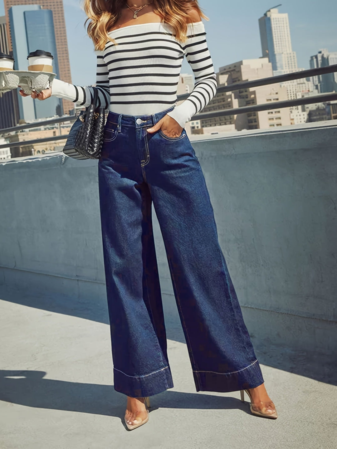 High-Waist Weite Stretch-Denim-Jeans mit umgeschlagenem Saum