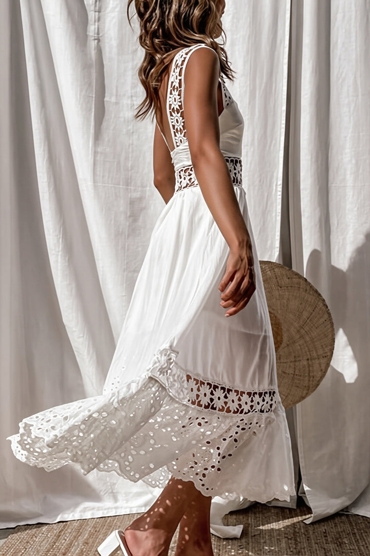 Langes Boho-Kleid für Damen mit Spitzenbesatz und schwingendem Rock