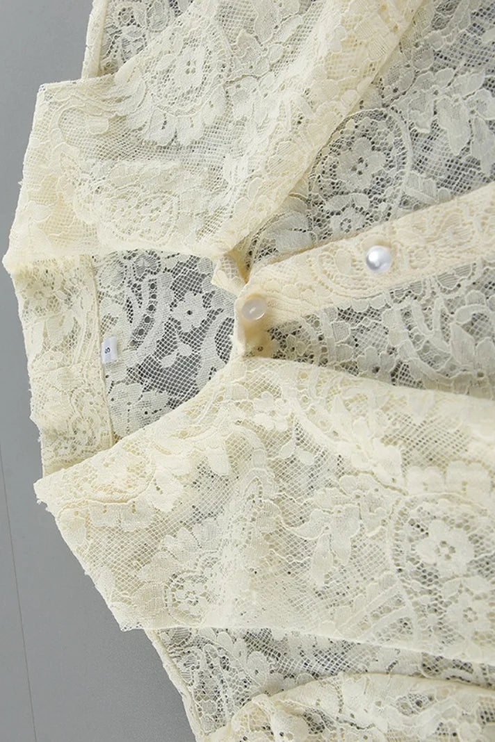 Damen Transparente Spitzenbluse mit Schleifenkragen Aprikose