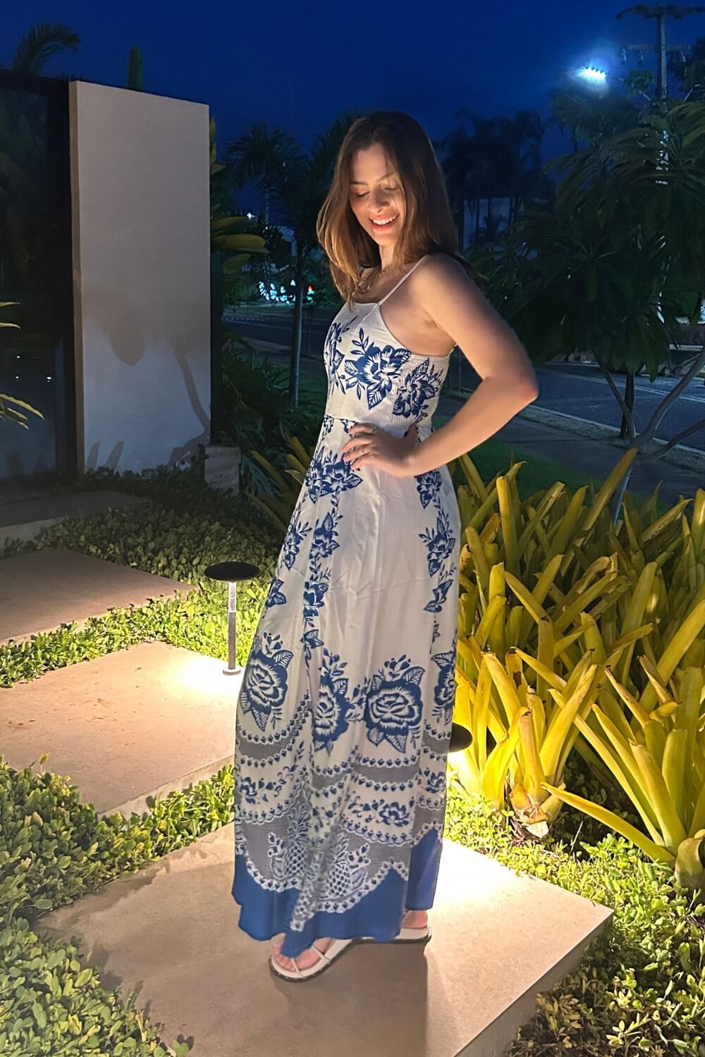 Polyester Spaghettiträger Midi Kleid Blau