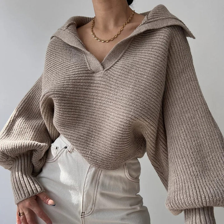 Gemütlicher Strickpullover mit Laternenärmeln und offenem Kragen