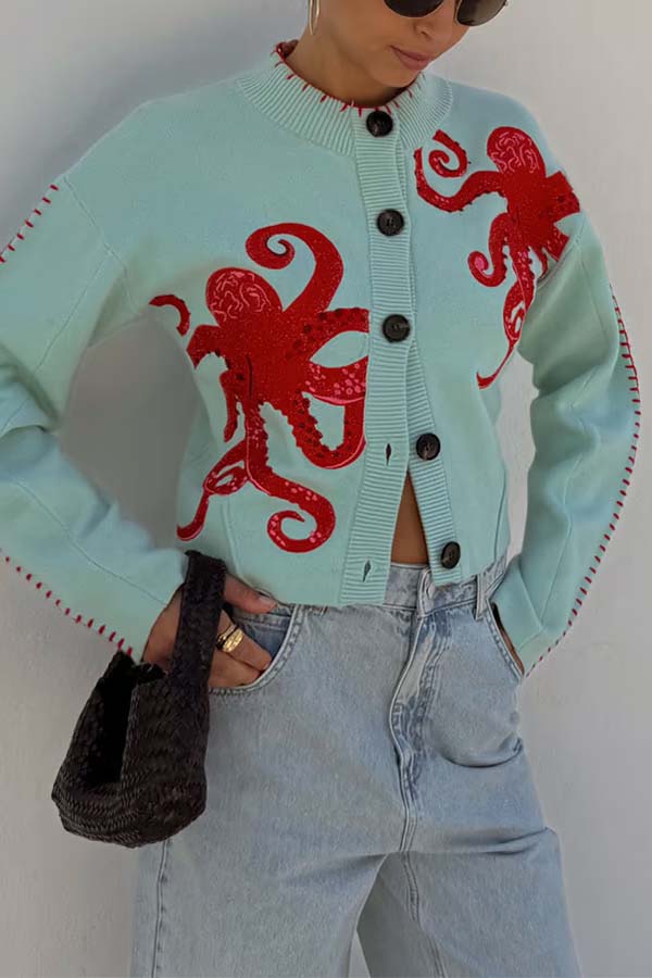 Gemütlicher Strandstrick-Cardigan mit nautischem Oktopus-Design